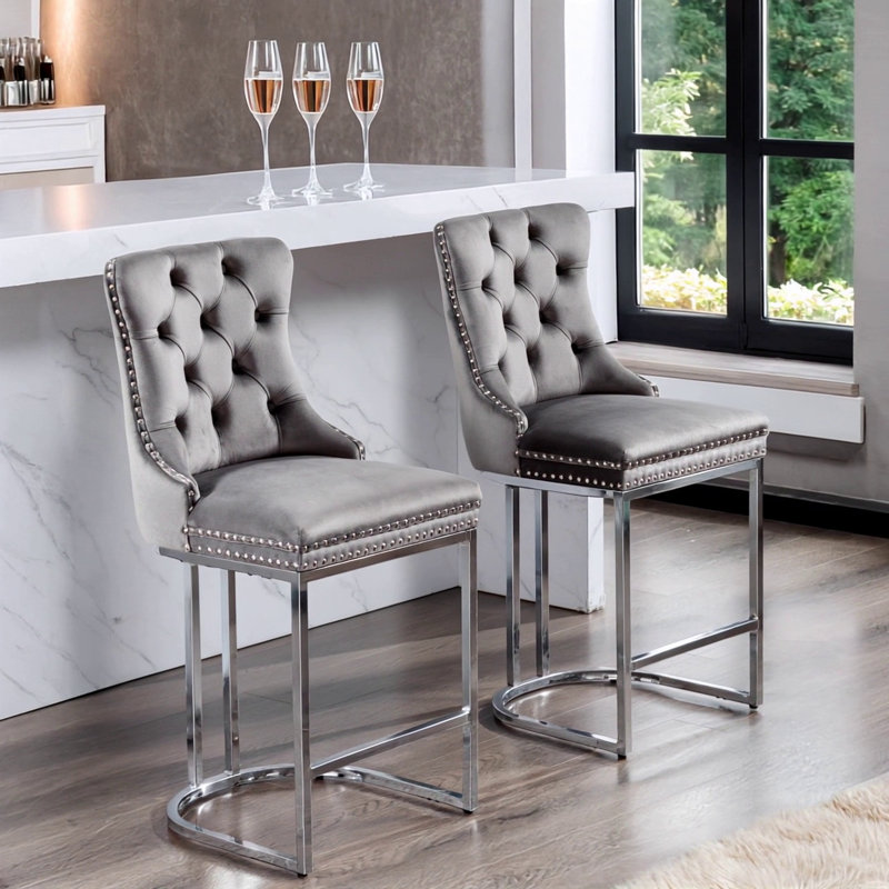 26" Counter Height Bar Stools Set Of 2, Gray Velvet