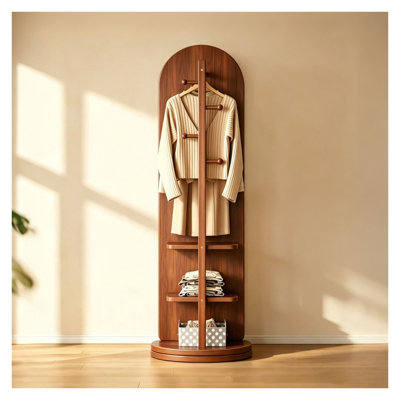 65-Inch Swivel Full Length Mirror with Coat Rack and Storage Shelves, Freestanding Arched Floor Mirror in Walnut Finish