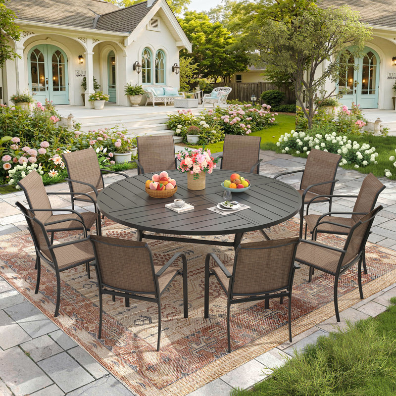 11-pieces Patio Round Outdoor Dining Set With Stackable Armchair, Black/Brown