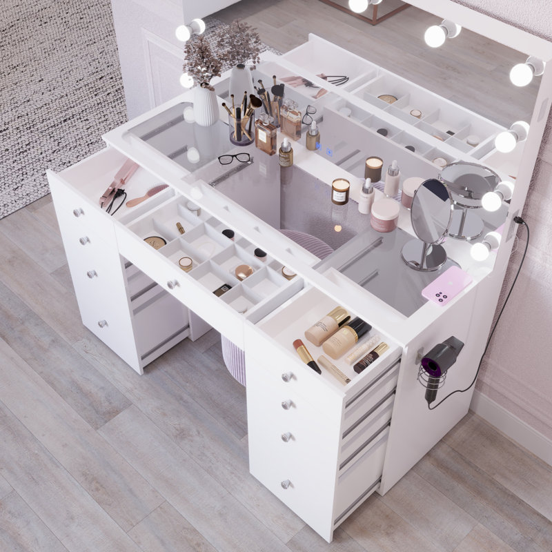 Boahaus Leonore Extra-Large Makeup Vanity, LED Lighted Mirror, USB- C/USB Outlet, 9 Drawers and Glass Top, White