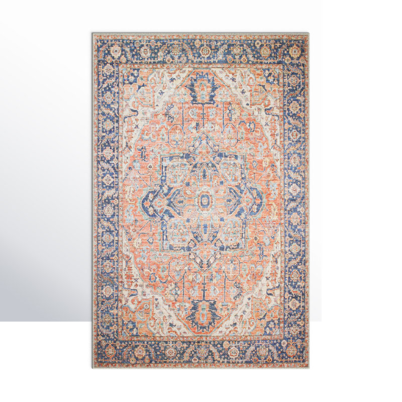 Rectangle Cohan Oriental Power Loom Polyester Machine Washable Area Rug in Blue/Brown, Rectangle: 9'6" X 12'6"