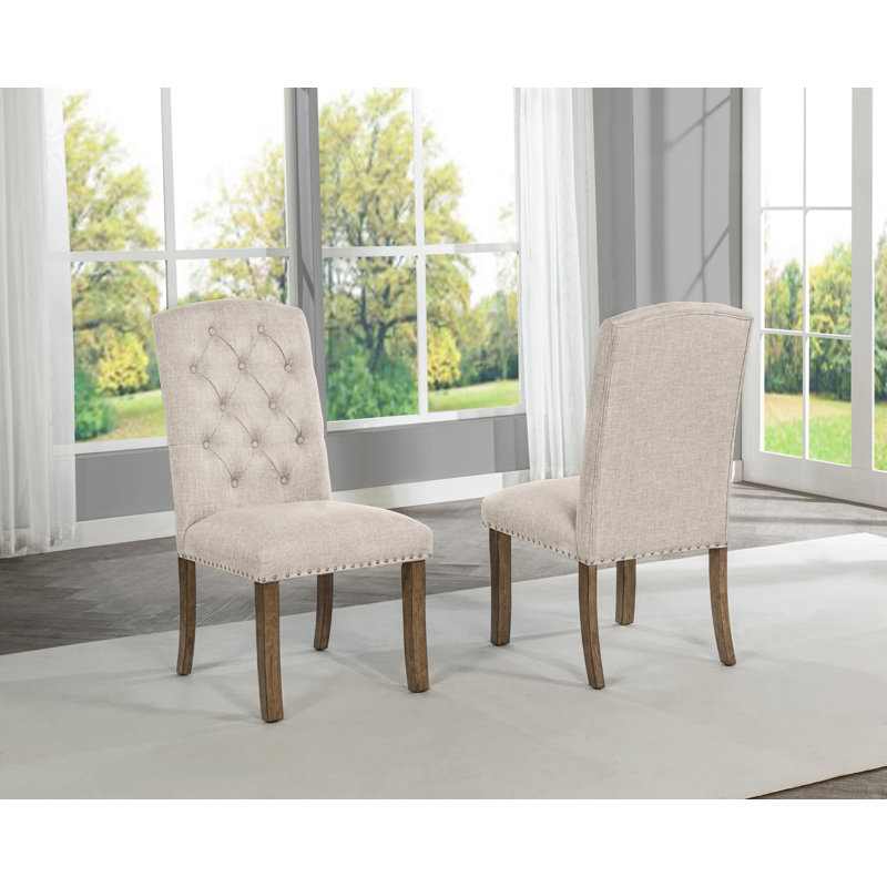 Linen Upholstered Dining Chairs With Tufted Back, Beige