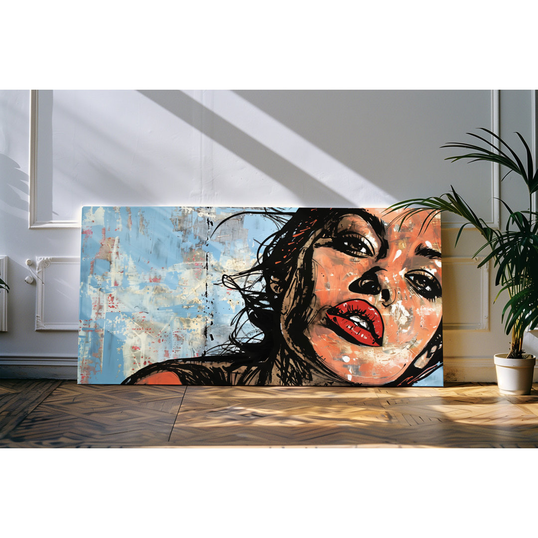 Wandbild 120x60cm Porträt einer jungen Frau Streetart rote Lippen Kunstvoll Wand