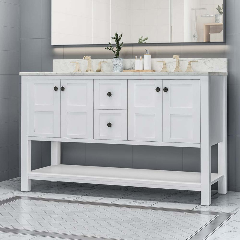 Meuble-lavabo double 61 po avec plateau en marbre Rassan, Blanc