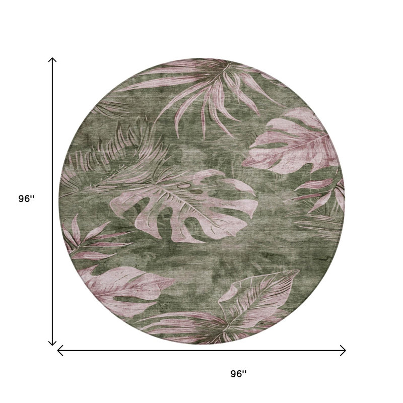 Tapis rond à motifs floraux vert olive et rose poudré, lavable, pour intérieur et extérieur, 2,44 m (8 pi).