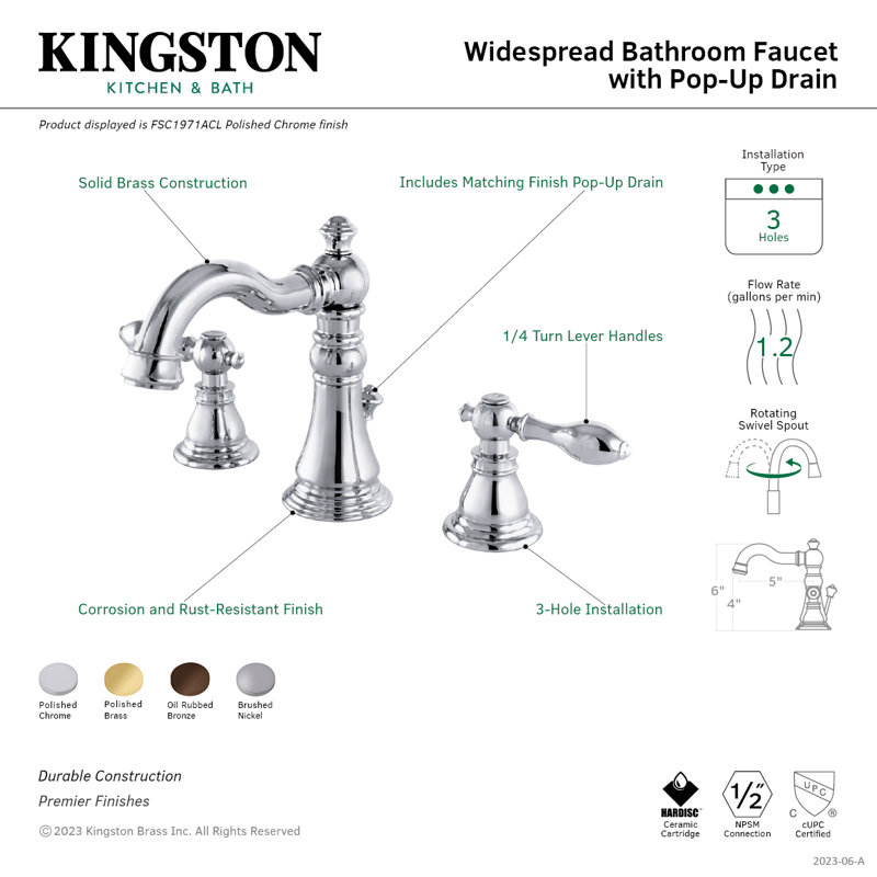 Robinet de salle de bain espacé Kingston, Laiton poli