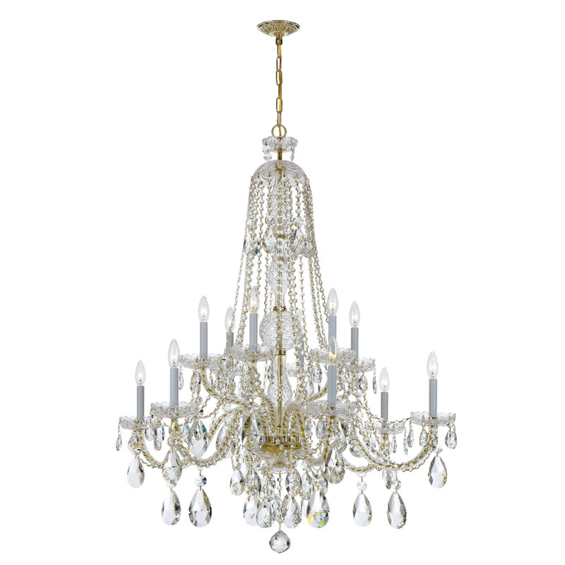 Wehr 12 - Light Candle Style Classic / Traditional Chandelier with Crystal Accents, Polished Brass, Majestic Wood Polished