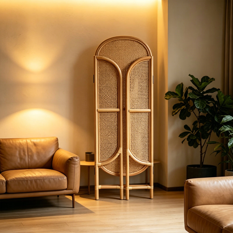 Cloison pliante arquée en rotin naturel, 3 panneaux
