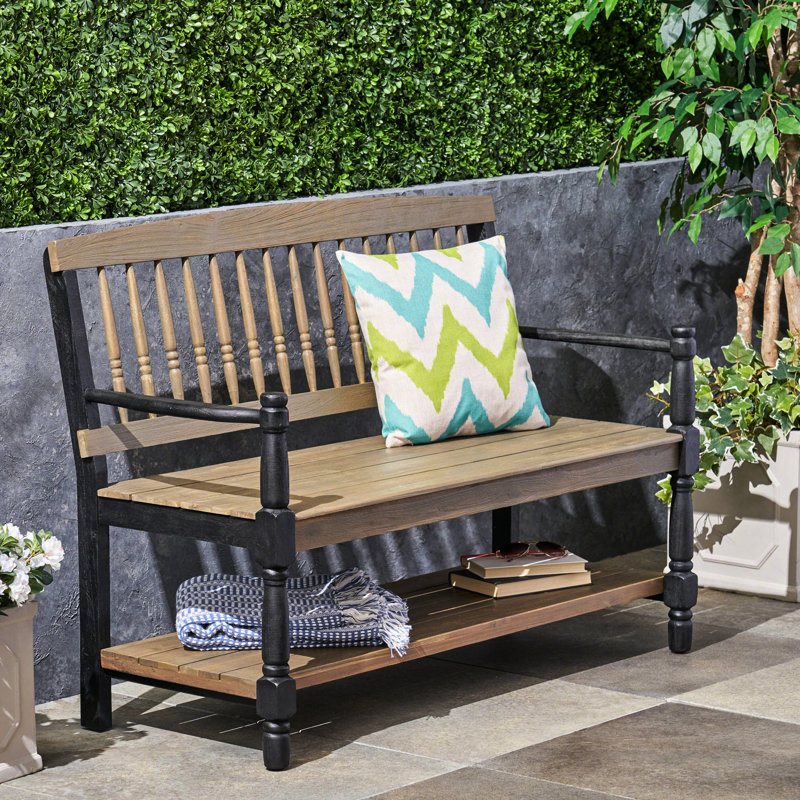 Banc d'extérieur en bois avec tablette, gris et noir pour un look élégant de rangement classique noir, fabriqué