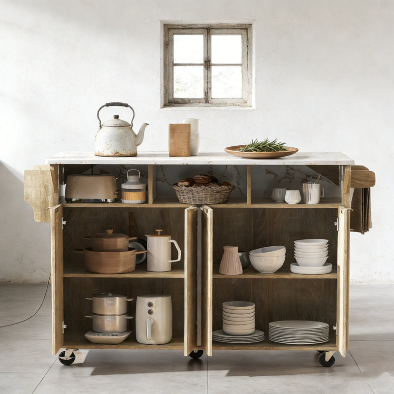 55.5" Fluted Kitchen Island with 2 Drop Leaf, Natural
