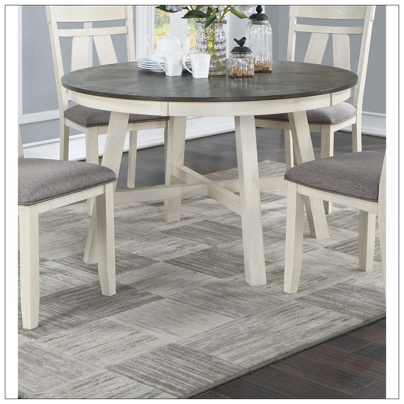 Table de salle à manger 5 pièces, ensemble de salle à manger, table ronde et 4 chaises d'appoint, siège à coussin en tissu gris, lignes blanches, plateau de table en bois