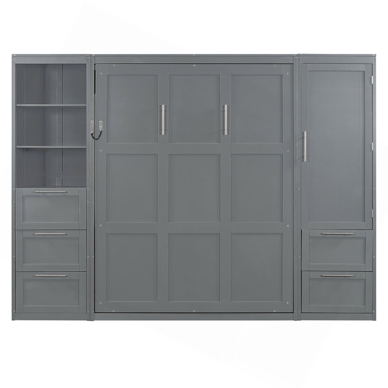 Grand lit escamotable mural avec placard, tiroirs et tablettes