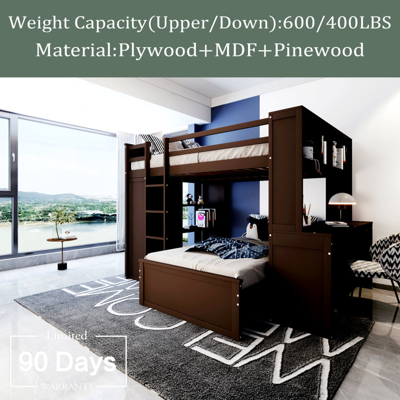 Full size Loft Bed with a twin size Stand-alone bed, Shelves,Desk, Espresso