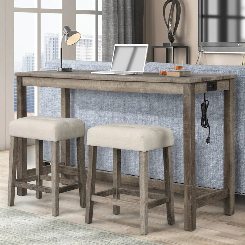 Table de salle à manger rustique 3 pièces: table en bois massif avec prise électrique, 2 tabourets rembourrés beiges pour un espace intime, mélange de lin, style transitionnel