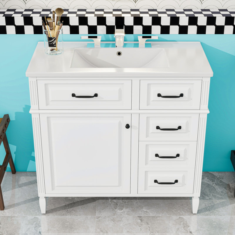 Meuble-lavabo autoportant avec comptoir en céramique, 4 tiroirs, tablette réglable et armoire de rangement, Blanc