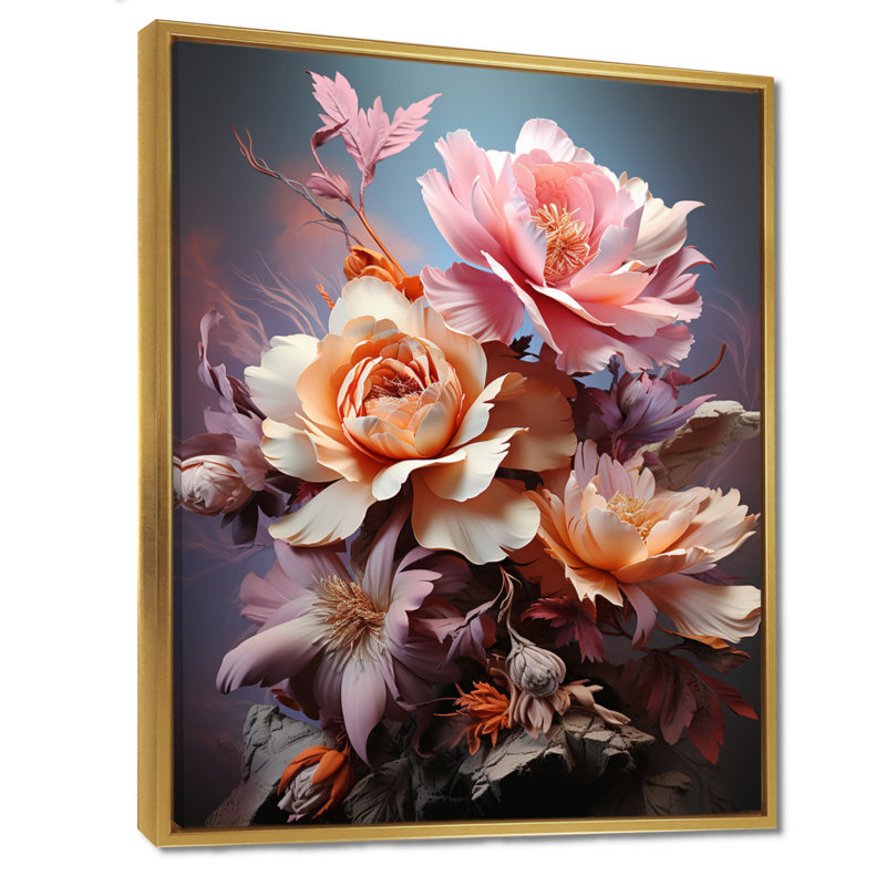 Dahlia rose et orange rétro gros plan - art mural Dahlia, Toile avec cadre flottant or, H 32 po x l 24 po x P 1 po
