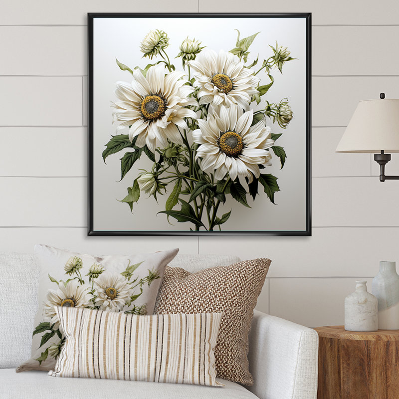«Gray and Green Sunflowers Blooming», reproduction sur toile encadrée, Cadre flottant noir, H 24 po x l 24 po