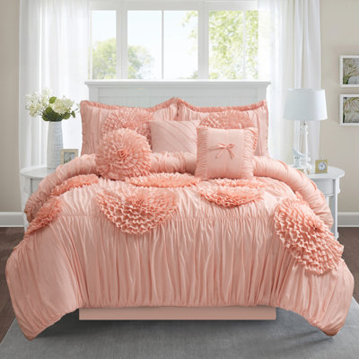 Floral Ruffle Comforter Set, 7-Piece Farmhouse Bedding Set With Bed Skirt & Decorative Pillows, Soft Brushed Microfiber, Romantic Country Style For All Seasons