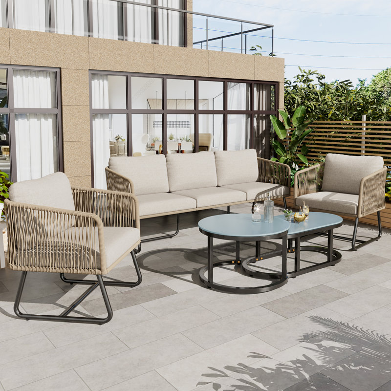 Beige Garden Furniture Set 5 Piece With Glass Table, Beige
