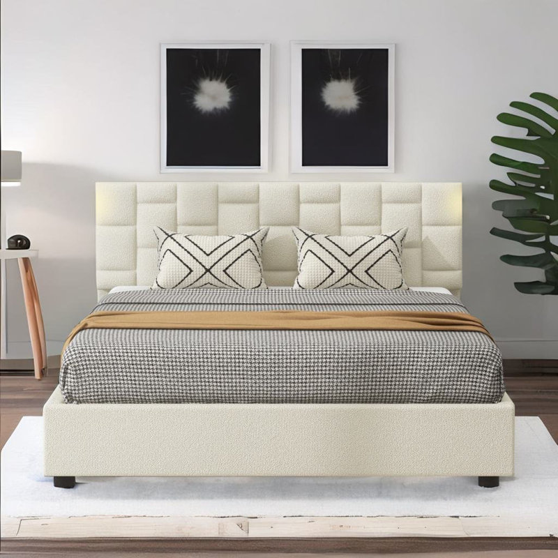 Lit plateforme tapissier grand Bradvale, Beige