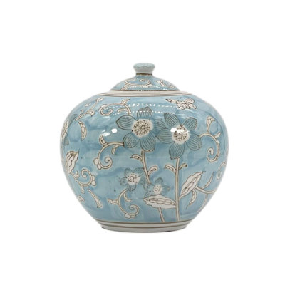 Light Blue & White Ceramic Chinoiserie Jar 8"