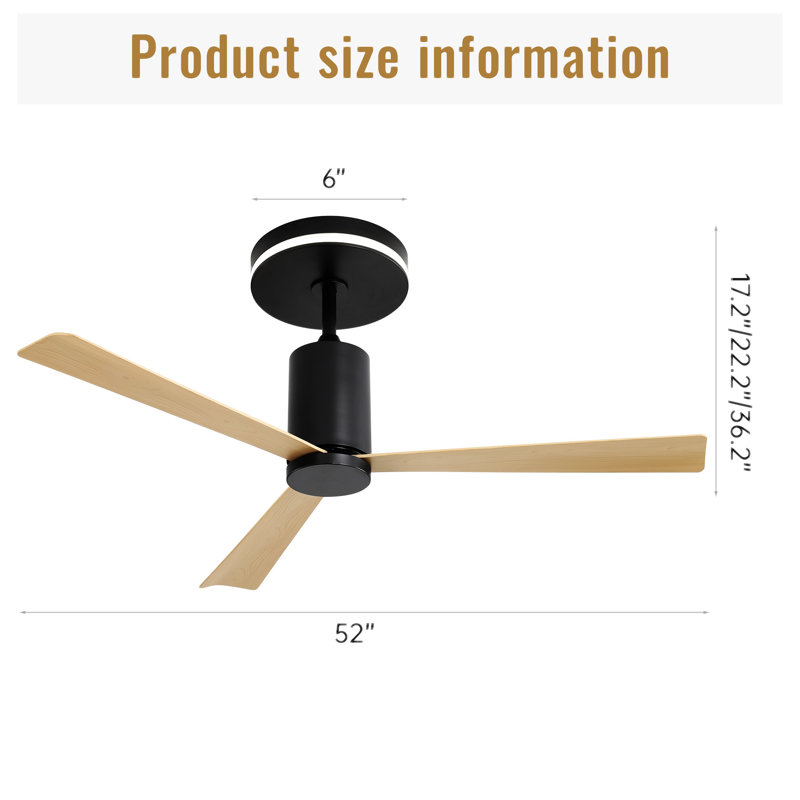 52 Inch Modern Flush Mount Ceiling Fan With Led Light And Remote Control, Black