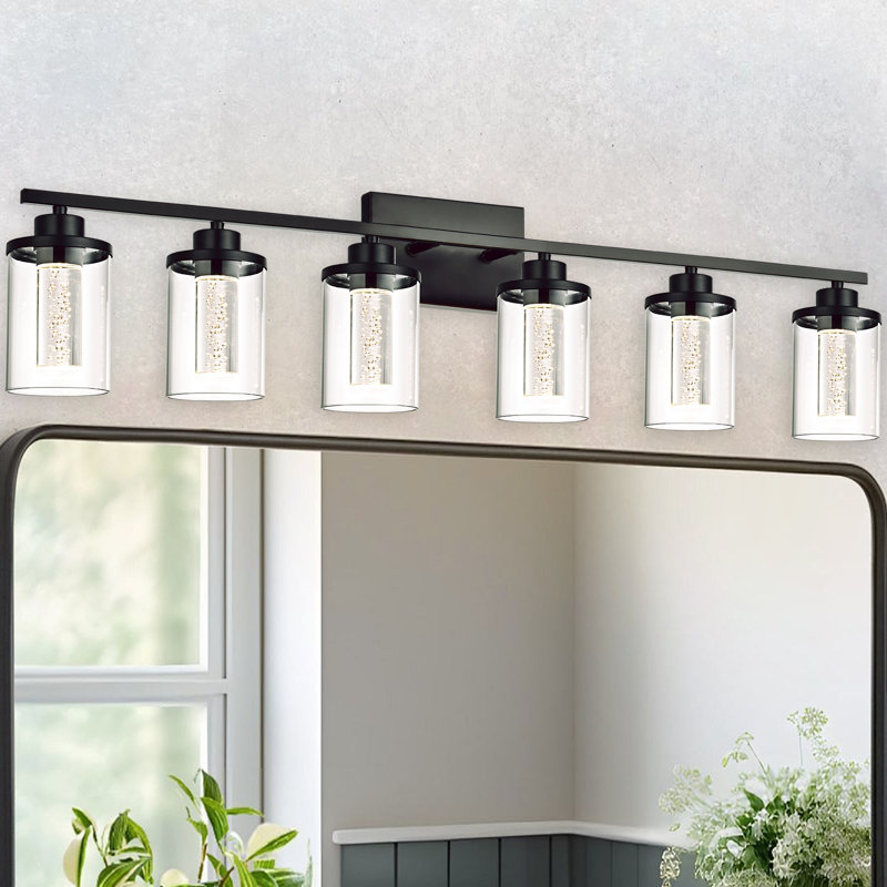 Luminaires de meuble-lavabo à 6 lumières noir mat, appliques à DEL en verre bullé cristal à intensité variable 5 couleurs (blanc doux / blanc chaud / naturel / lumière du jour / blanc froid) pour la salle de bain, le couloir et le salon
