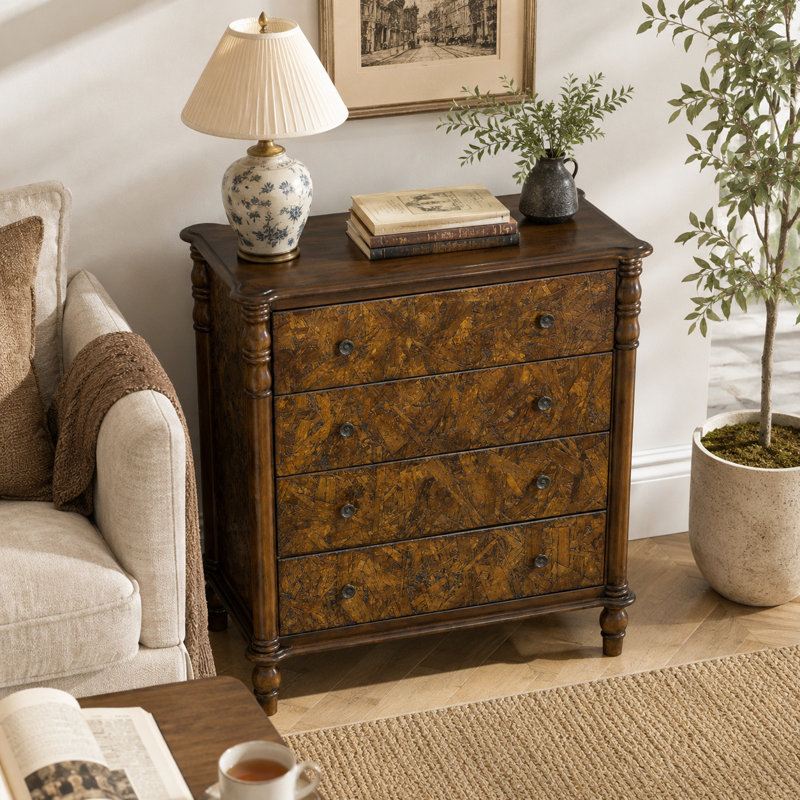 Grande commode à 4 tiroirs avec pieds en bois massif Rundelle Farmhouse, Noyer