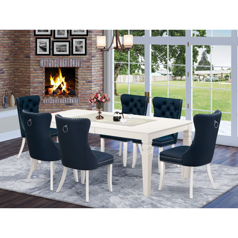 Ensemble de salle à manger 7 pièces comprenant une table rectangulaire en bois avec rallonge amovible et 6 chaises rembourrées, lin blanc