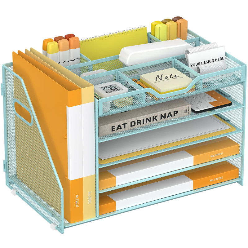 Organisateur de bureau avec porte-stylos, comprend 3 porte-stylos et 4 cloisons amovibles. Rangement de bureau en filet polyvalent à 5 niveaux (bleu)