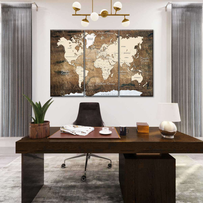 Carte rétro sur bois, reproduction d'art sur toile, H 24 po x l 38 po x P 1,25 po