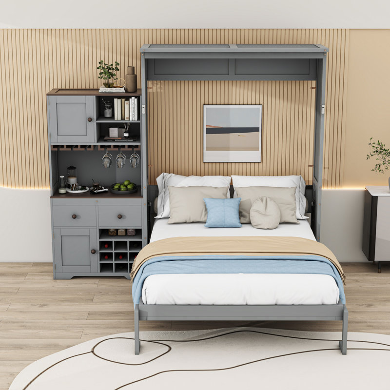 Grand lit escamotable avec éclairage intégré et tiroirs, tablettes, Gris
