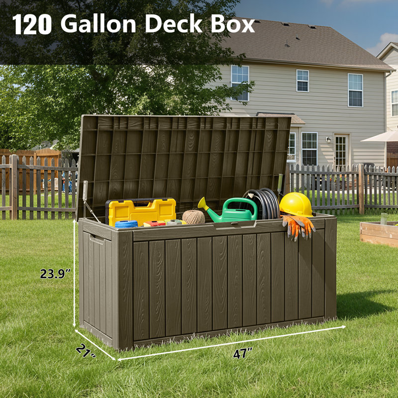 120 Gallon Resin Deck Box With Lockable And Waterproof, Gray
