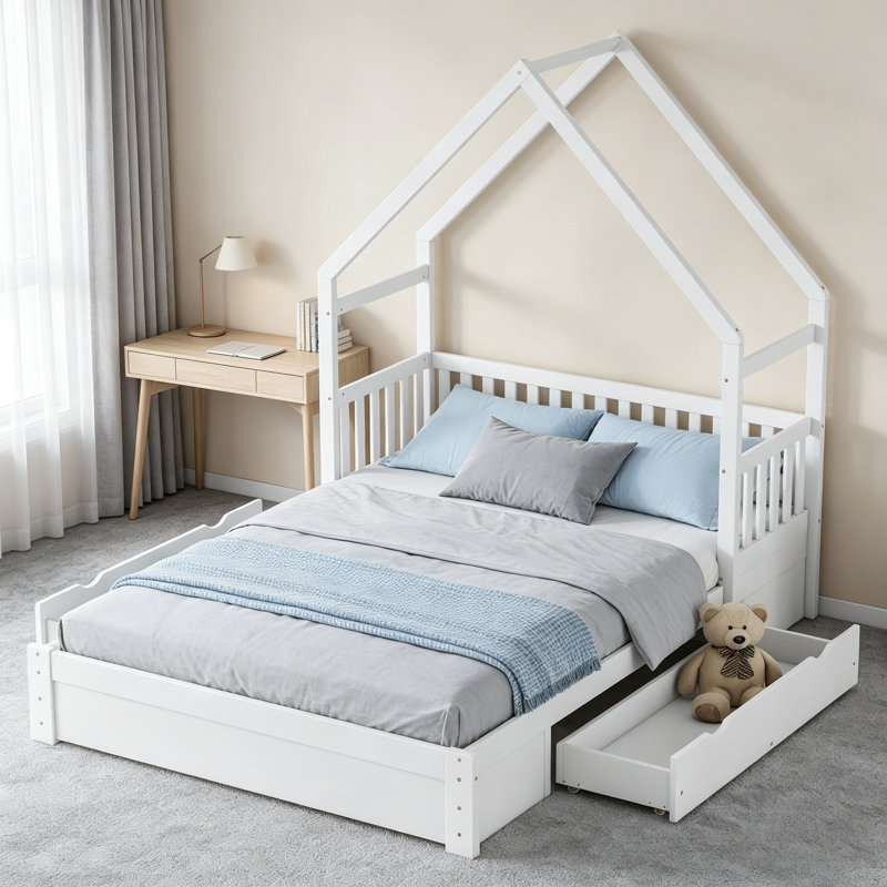 Grand lit plateforme en bois robuste avec garde-corps et tiroirs de rangement, blanc, Blanc