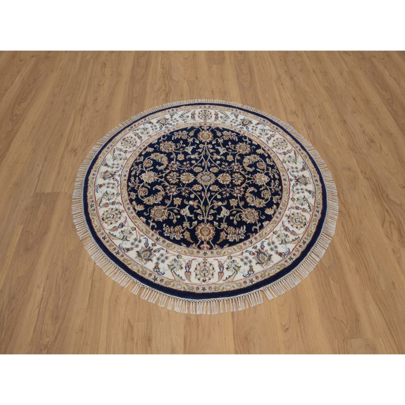 Tapis oriental bleu noué à la main 4 pi 3 po x 4 pi 3 po en laine et soie Nain