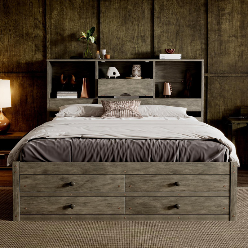 Grand lit plateforme avec tête de lit à rangement et 8 tiroirs, gris, Gris, Grand lit