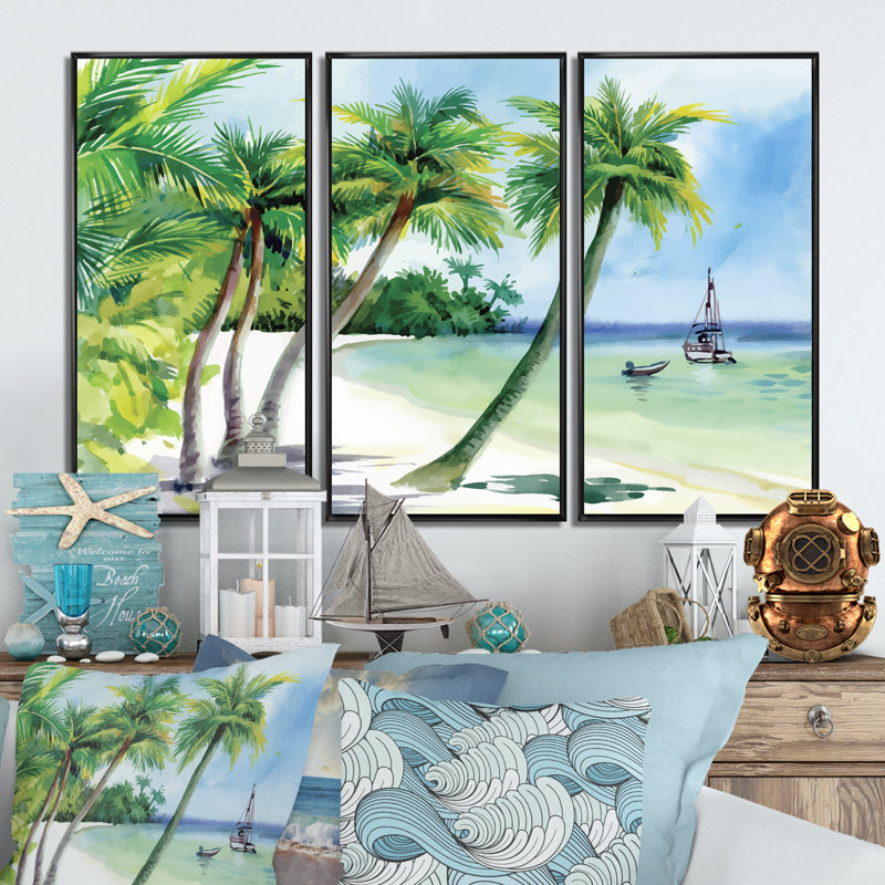 «Summer Beach with Palm Trees», reproduction sur toile flottante 3 pièces, H 28 po x l 36 po x P 1 po, Cadre noir