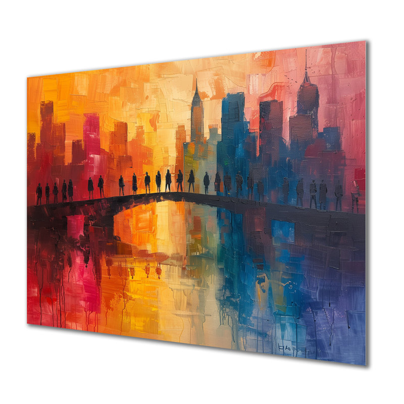 «Red Blue City City Skyscrapers - Bridges», reproduction d'art murale, Métal métal, H 30 po x l 40 po
