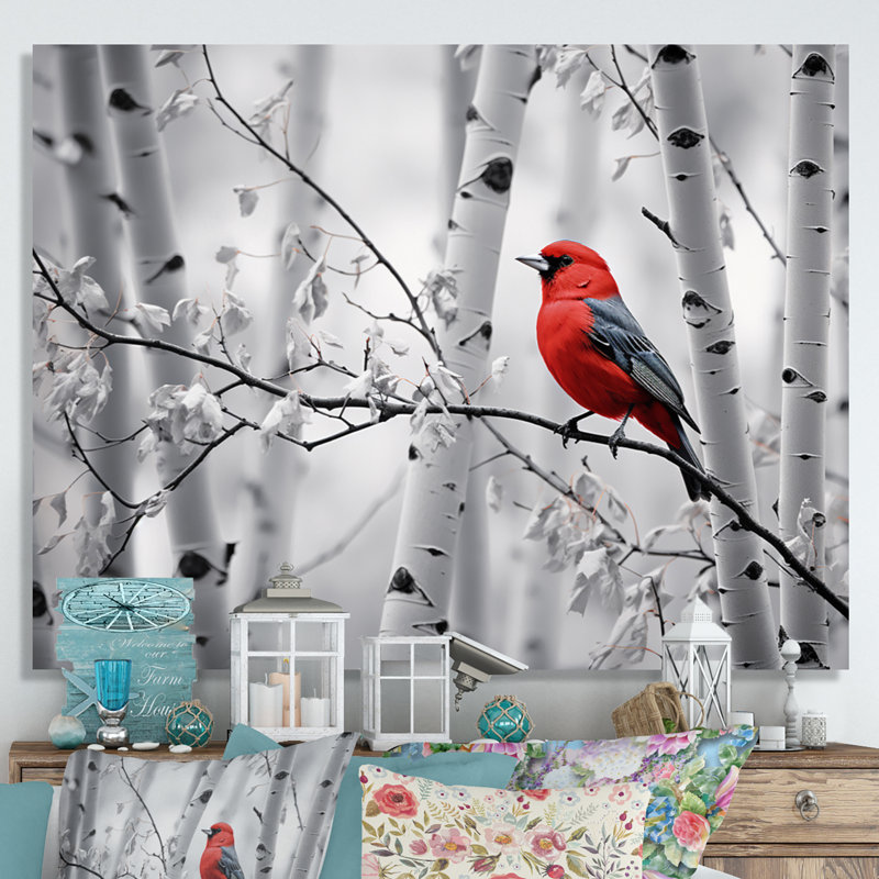 Martinella, oiseau rouge-gris en forêt II - impression, H 12 po x l 20 po x P 1 po, Toile tendue