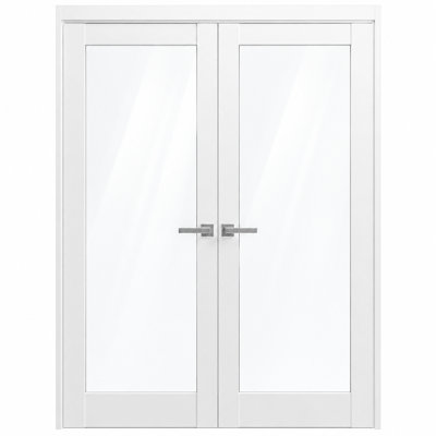Solid French Double Doors Clear Glass Lucia 2166 White Silk Wood Solid Panel Frame Trims Closet Bedroom Sturdy Doors 72" x 80" (2* 36x80) Clear Glass