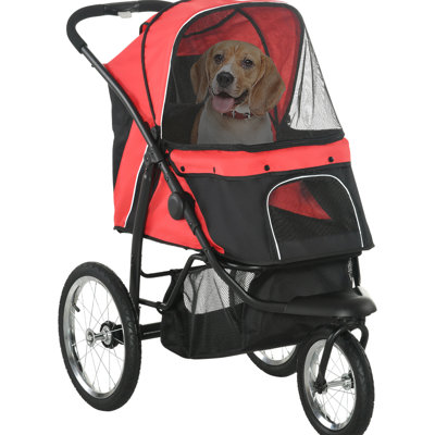 Small To Medium Dog Stroller, 3 Big Wheels, Foldable, Adjustable Canopy For Pet And Comfort, Tie, Storage Box, Red Wheels Foldable Stroller In &