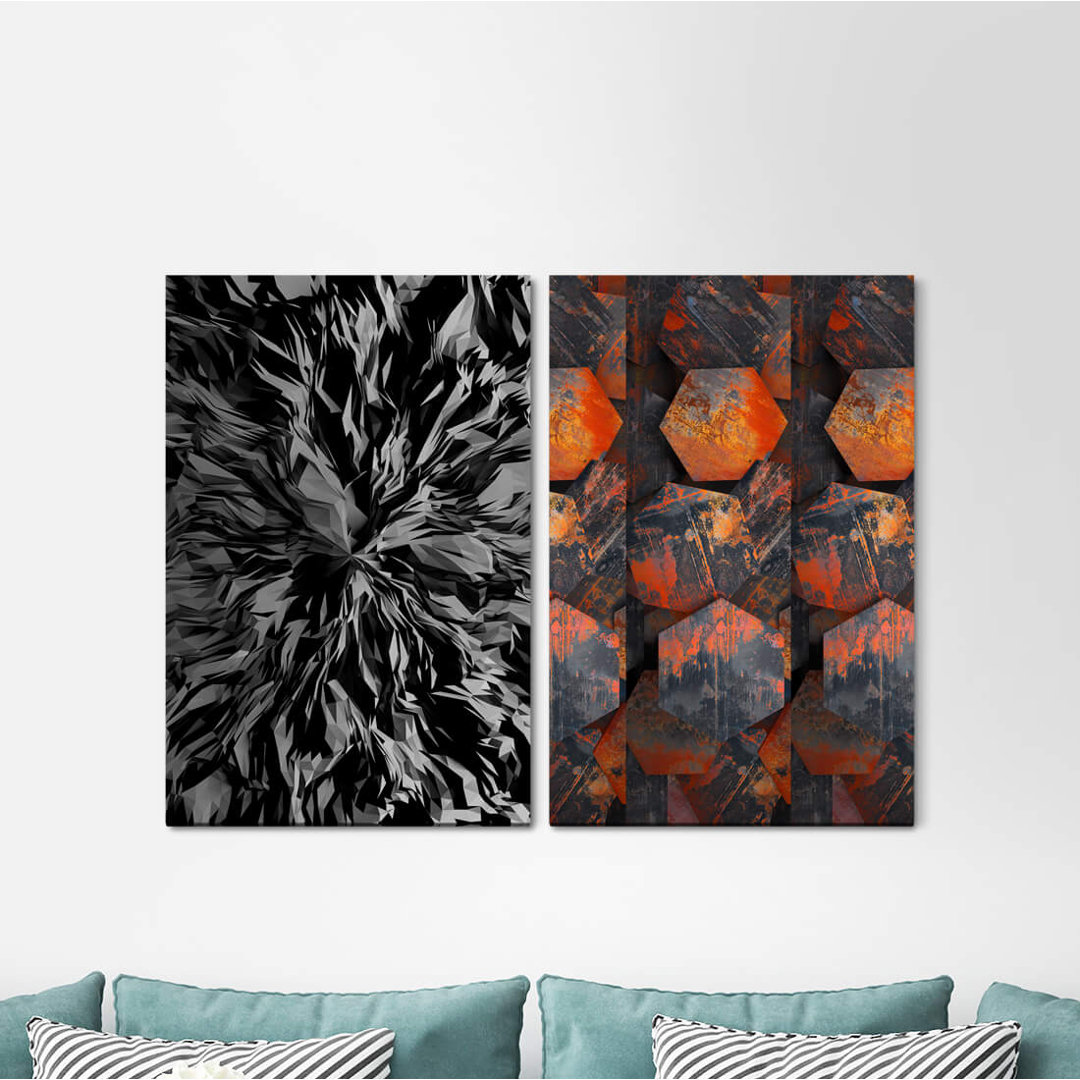 2-tlg. Leinwandbilder-Set - Grafikdruck „Abstract Black Vibration Hexagon Structure Grungy 3D”