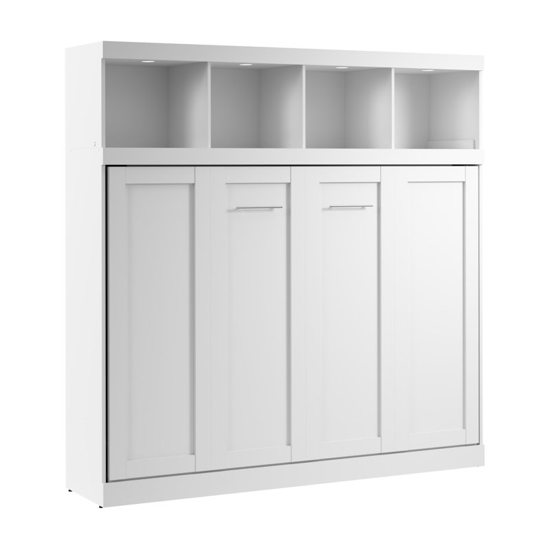 85W Queen Horizontal Murphy Bed With Overhead Storage In White, White, Queen