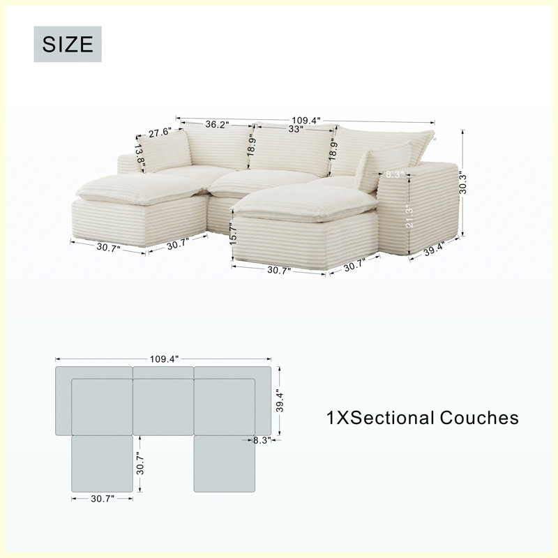 Canapé-lit convertible Corduroy, H 30,3 po x l 70,1 po x P 109,4 po, White