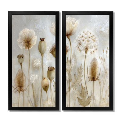 «Morning Sunrise Rays Over Dried Flower Meadows - Wildflowers», impression sur toile à motif floral blanc 2 pièces