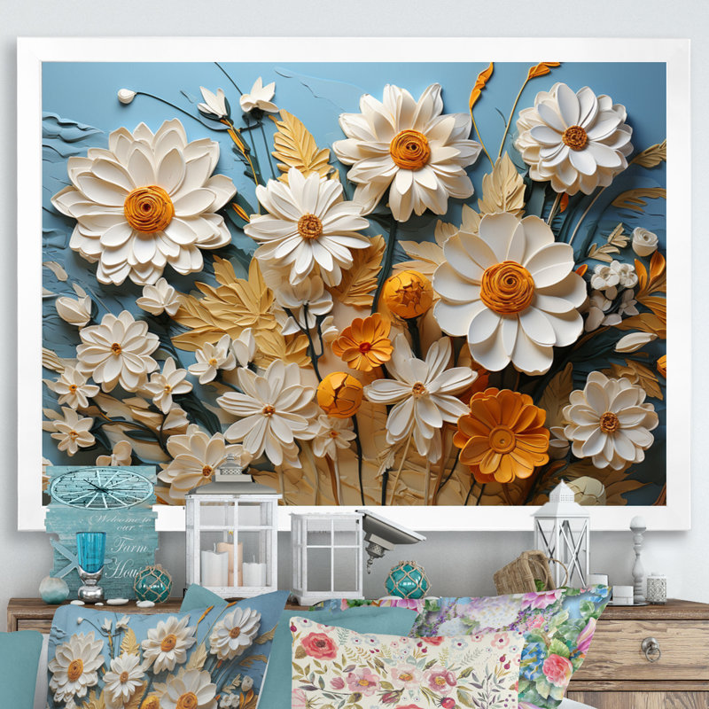 " Daisies Daisy Delight I ", 34" H x 44" W x 1.5" D, White Single Picture Framed