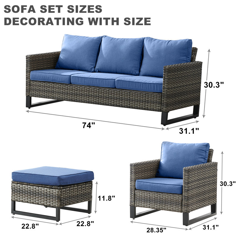 Naresa Wicker 5 - Person Patio Conversation Set with Cushions, Navy, Gray