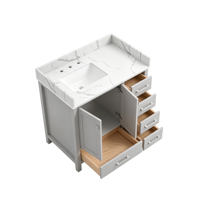 Ensemble de meuble-lavabo en bois massif 36 po avec comptoir en quartz et dosseret, Grey, Brushed Nickel