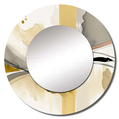 Touched By Mustard Yellow And Ultimate Gray IV - Liquid Ink Mirror, Modern Round Decorative Wall Mirror, Printed Metal Art