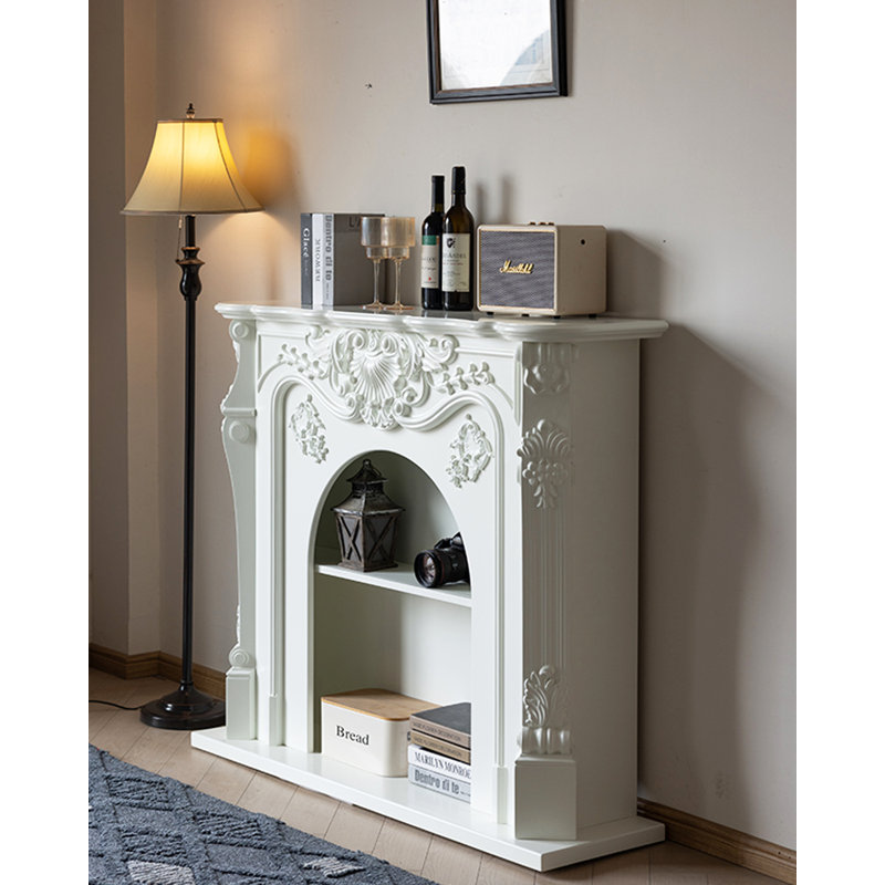  French retro solid wood carved decorative storage fireplace cabinet, 43.31" H x 47.24" W x 13.78" D
